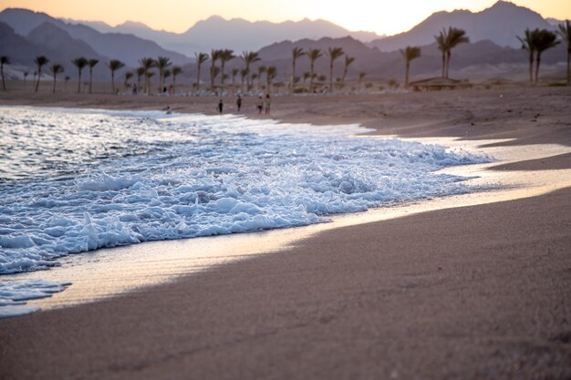 Belle plage de sable déserte au coucher du soleil avec des vagues de la mer sur fond de montagnes.