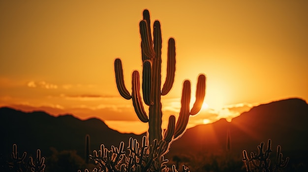 Belle plante de cactus avec un paysage désertique et un coucher de soleil