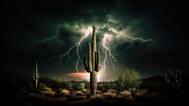 Belle plante de cactus avec un paysage désertique et un orage