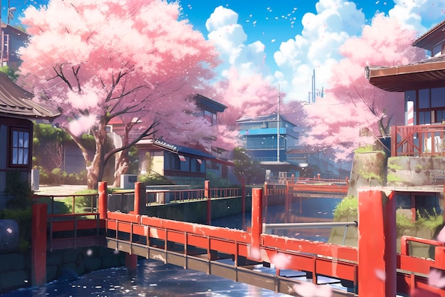 Belle scène de dessin animé du paysage urbain de Sakura