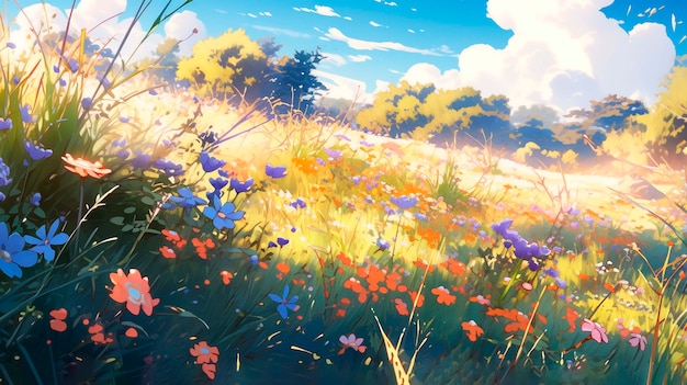 Belle scène de dessin animé de fleurs d'anime