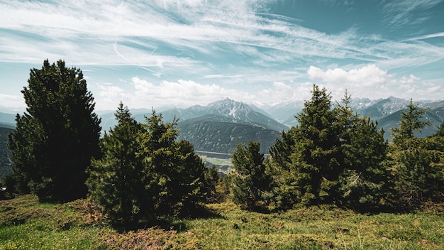 Belle vue sur les collines couvertes d'arbres sous les nuages à couper le souffle dans le ciel