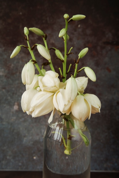 Belles fleurs blanches dans la bouteille en verre avec de l&#39;eau