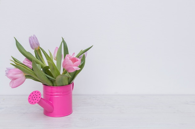 Belles fleurs dans un pot d&#39;arrosage