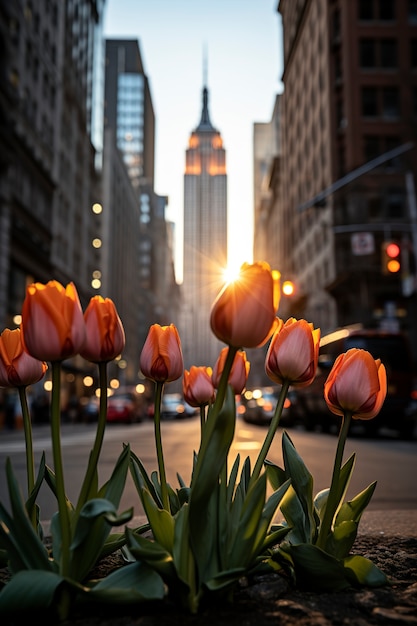 Photo gratuite belles fleurs et empire state building