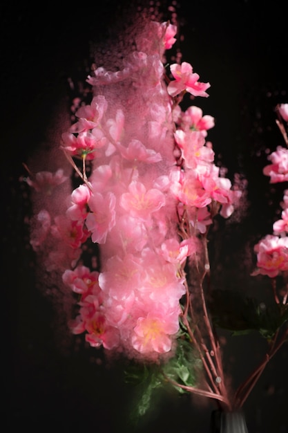 Belles fleurs vues derrière le verre d'humidité