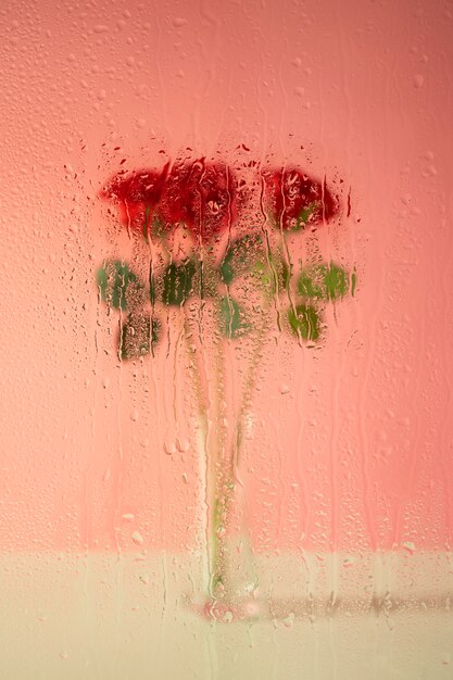 Belles fleurs vues derrière le verre d'humidité