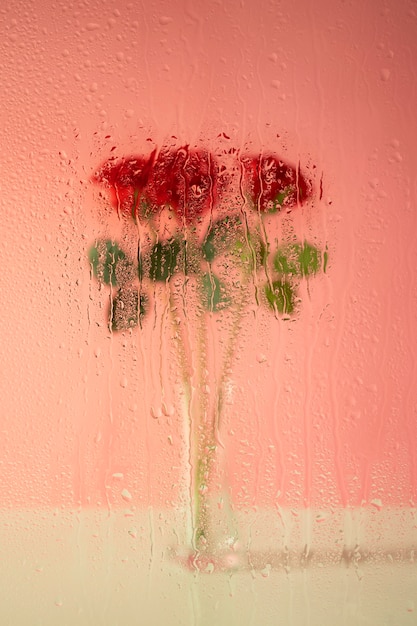 Belles fleurs vues derrière le verre d'humidité