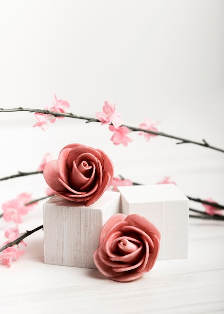 Belles roses sur des cubes blancs