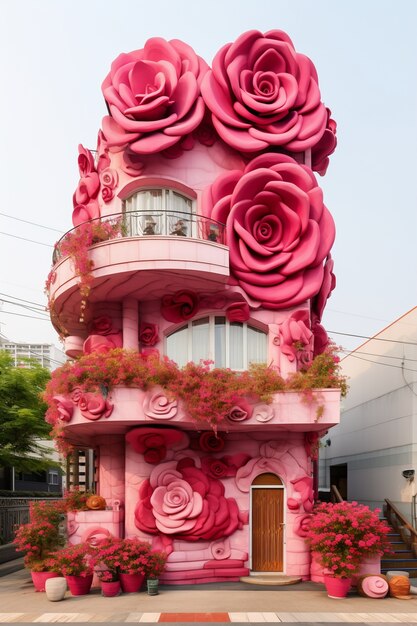 Belles roses roses sur la maison