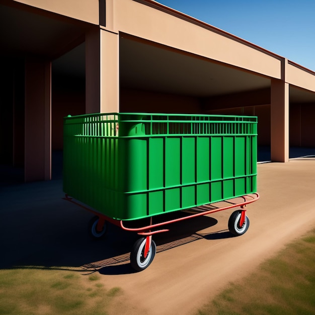 Photo gratuite une benne verte est sur un chariot devant un bâtiment.