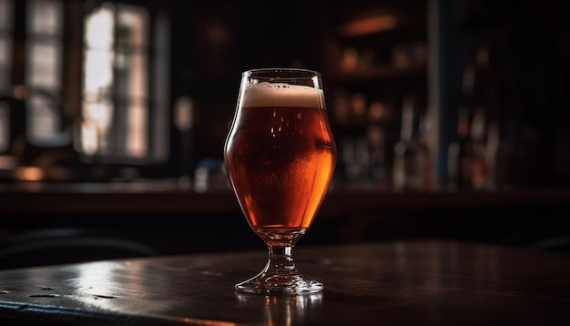 Photo gratuite bière mousseuse dans un verre de pinte sur une table en bois générée par l'ia