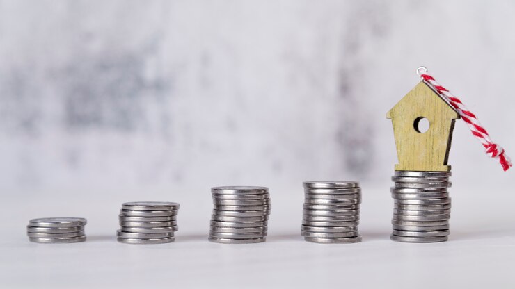 Photo gratuit birdhouse miniature ornement sur la pile croissante de pièces d&#39;argent