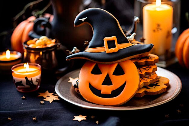 biscuit à la citrouille d'Halloween sur une table en bois rustique