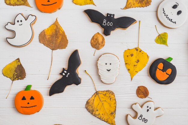 Biscuits d&#39;Halloween et feuilles sèches