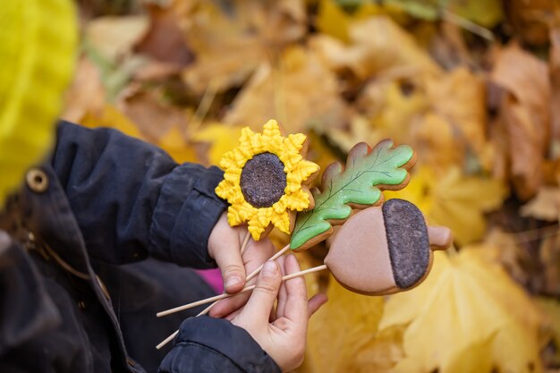 Biscuits de pain d'épice faits à la main d'automne lumineux sur des bâtons dans les mains d'un enfant pour une promenade dans la forêt d'automne.