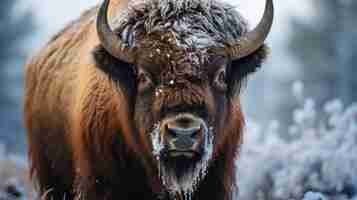 Photo gratuite le bison résiste au froid de l'hiver