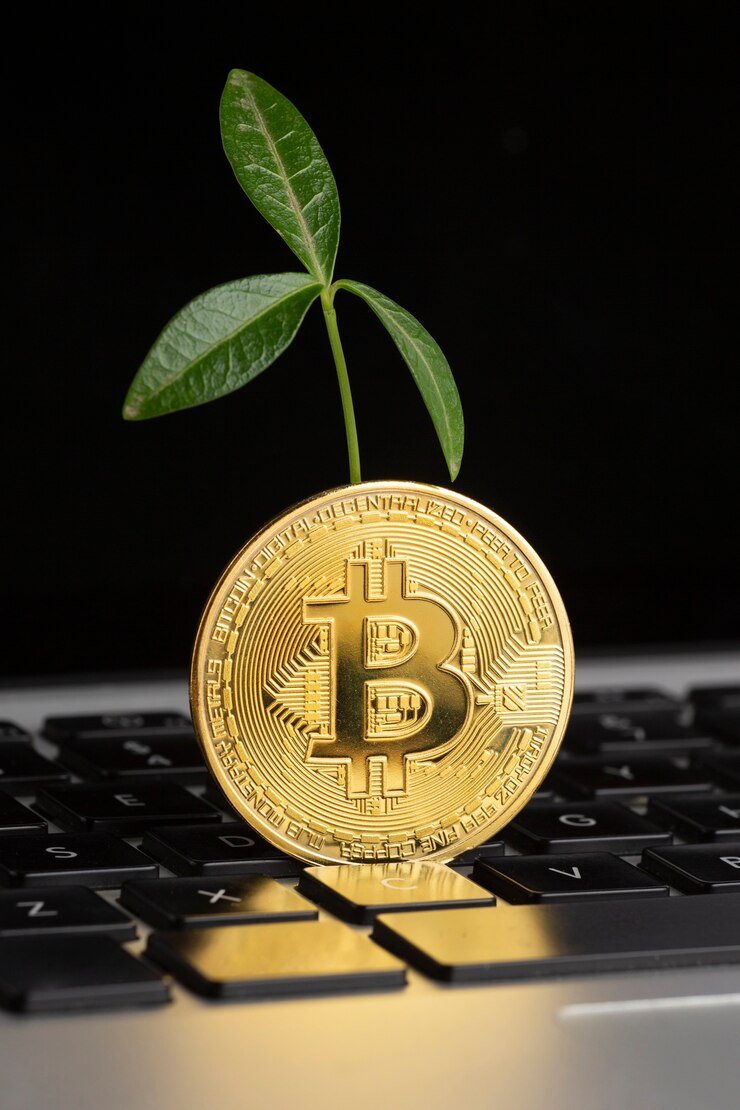 Photo gratuit bitcoin sur le clavier avec plante