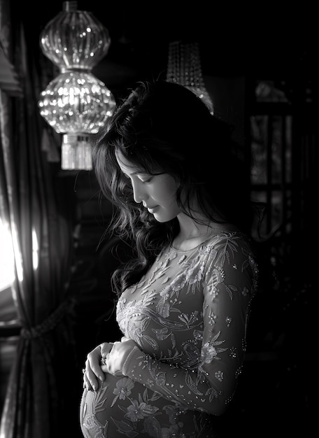 Photo gratuite black and white portrait of pregnant woman expecting a child