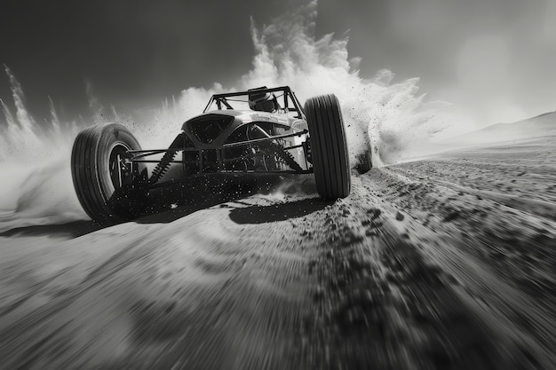 Photo gratuite black and white view of off-road vehicle driven on rough terrain