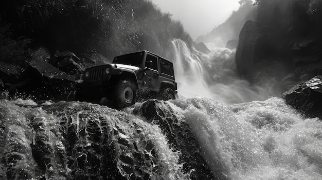 Photo gratuite black and white view of off-road vehicle driven on rough terrain