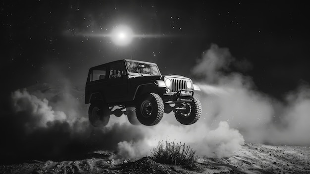 Photo gratuite black and white view of off-road vehicle driven on rough terrain