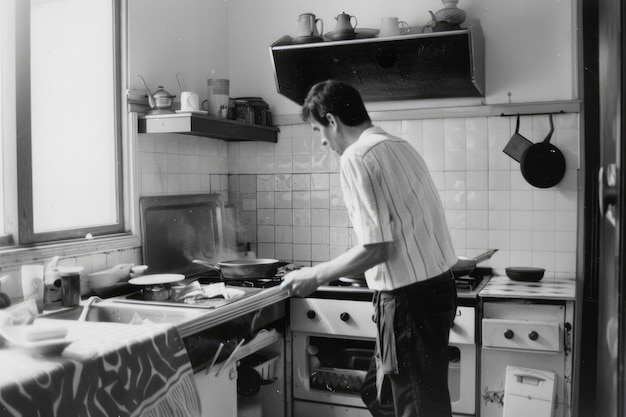 Photo gratuite black and white vintage portrait of man doing housework and household chores