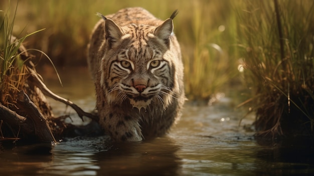 Photo gratuite bobcat effrayant dans l'eau