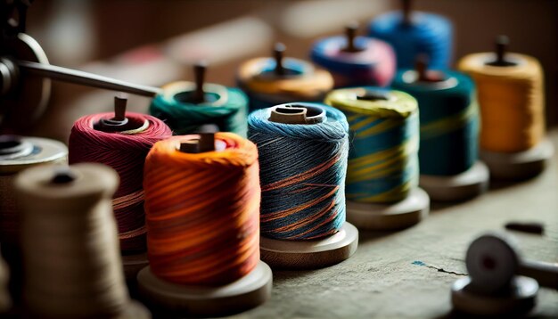 Bobines textiles multicolores disposées sur une table en bois générées par l'IA