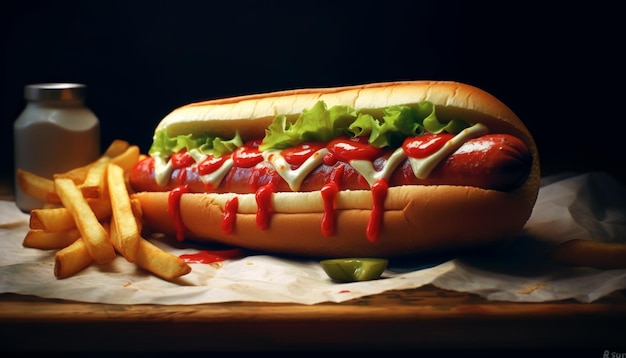 Photo gratuite bœuf grillé sur pain, hot-dog, ketchup, collation pique-nique générée par l'intelligence artificielle