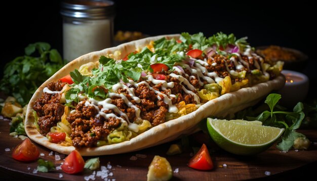 Photo gratuite bœuf grillé tomate fraîche coriandre tortilla maison culture mexicaine générée par l'intelligence artificielle