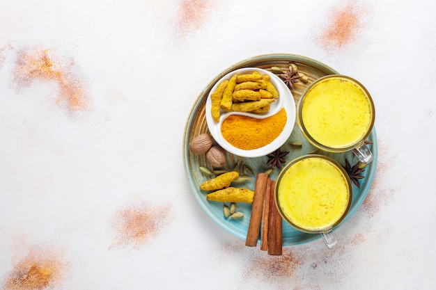 Photo gratuite boisson indienne traditionnelle au curcuma au lait doré.