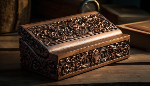 Boîte à Bible en bois antique ornée d'un design élégant généré par l'IA