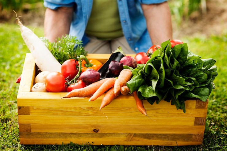 Photo gratuit boîte en bois remplie de légumes frais