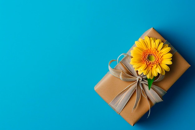 Photo gratuite boîte cadeau emballée avec du papier artisanal et un ruban bleu avec un tournesol jaune pour la fête des pères sur fond bleu vue supérieure espace de copie