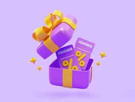 Photo gratuite boîte-cadeau ouverte violette avec bon bonus surprise minime présente salutation célébration promotion remise vente récompense icône illustration 3d