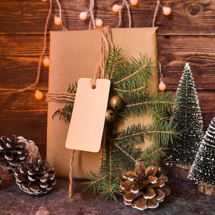 Photo gratuit boîte cadeau sapin décoré brindille avec étiquette près d'accrocs