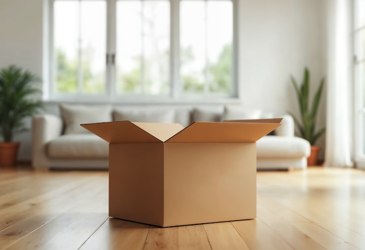 Photo gratuit une boîte en carton vide dans sa nouvelle maison