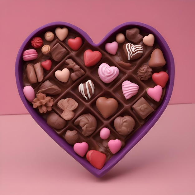 Boîte de chocolats en forme de coeur sur fond rose vue de dessus