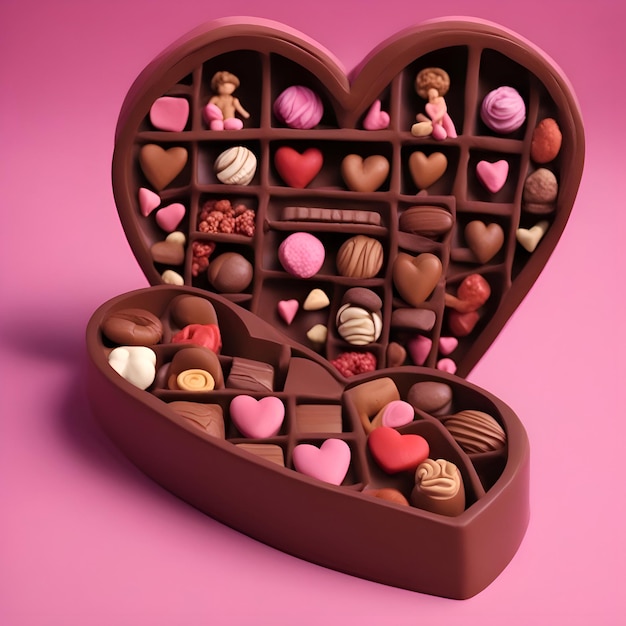 Boîte de chocolats en forme de coeur sur fond rose