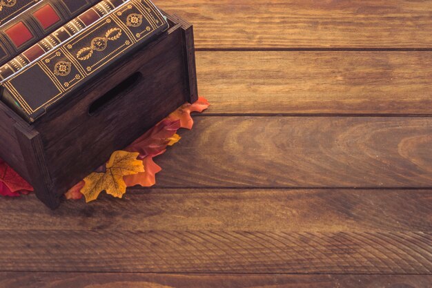 Boîte avec des livres sur les feuilles