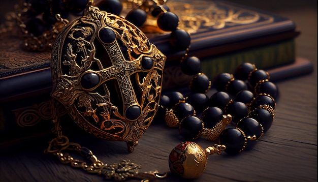 Une boîte en or avec une couronne en or et un collier dessus