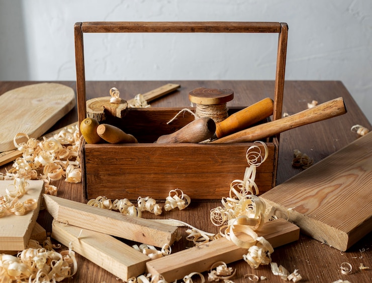 Photo gratuit boîte à outils en bois et sciure