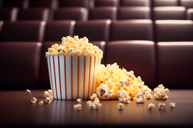 Photo gratuite une boîte de pop-corn est posée sur une table devant un canapé en cuir marron.