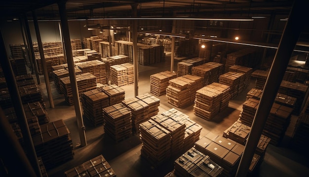 Boîtes et conteneurs de caisses empilées de grands entrepôts générés par l'IA