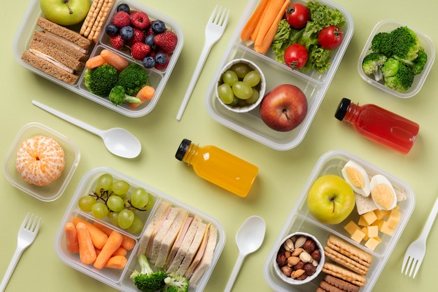 Boîtes à lunch d'aliments sains vue ci-dessus