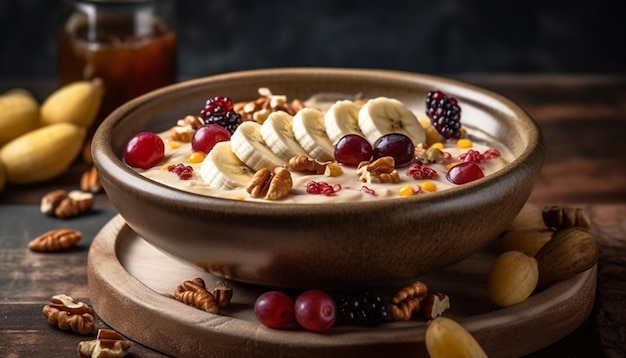 Photo gratuite bol de baies fraîches granola yogourt miel d'amande généré par l'ia