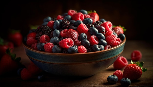 Bol de baies saines framboise myrtille fraise granola généré par l'IA