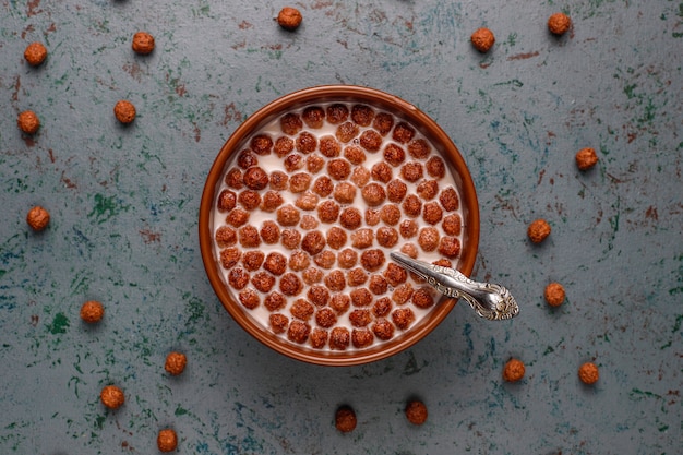 Bol avec des boules de chocolat et du lait, vue de dessus