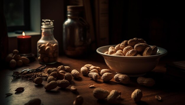 Un bol de cacahuètes est posé sur une table à côté d'un pot de cacahuètes.